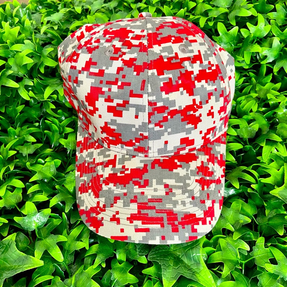Camouflage red and gray baseball cap. Velcro adjustable closure.